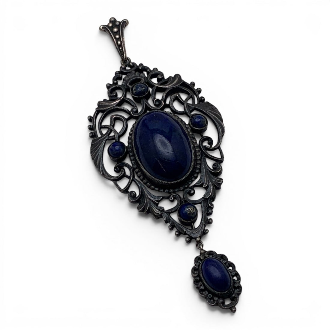 Vintage 835 Silver & Blue Lapis Pendant: Vintage 835 Silver Pendant Featuring An Open Work Design & Blue Lapis StonesMarked: 835 - 3 1/4" Long - 11.8 Grams