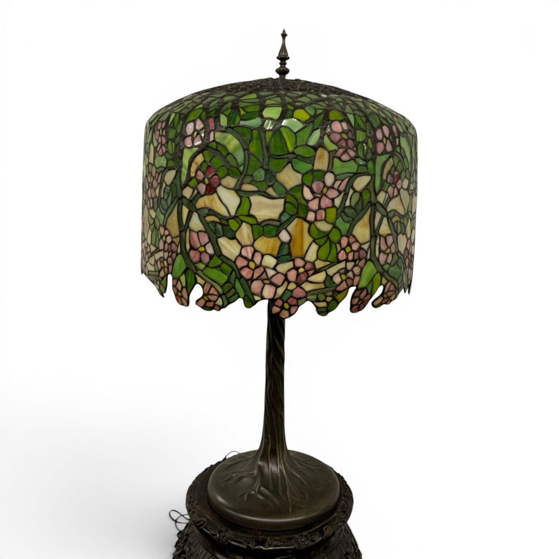 Large Leaded Glass Table Lamp: Large Table Lamp Featuring A Pink & Green Stained Glass Shade On A Trunk Tree34" Tall
