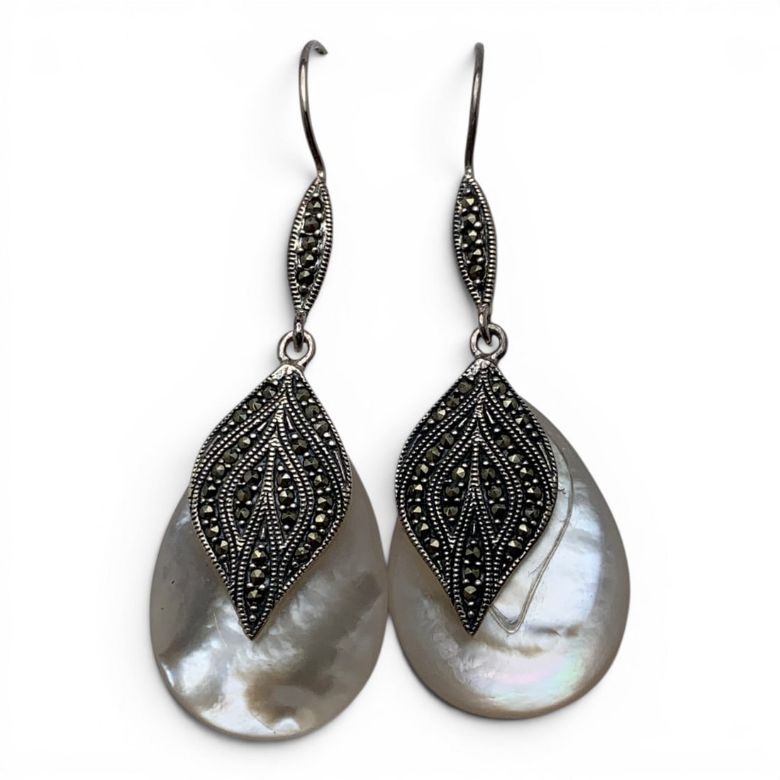 Sterling Marcasite & Mother Of Pearl Earrings: Sterling Silver Earrings Featuring Marcasite Stones & Mother Of Pearl Marked: 925 - 2 1/8" Long - 8.2 Grams