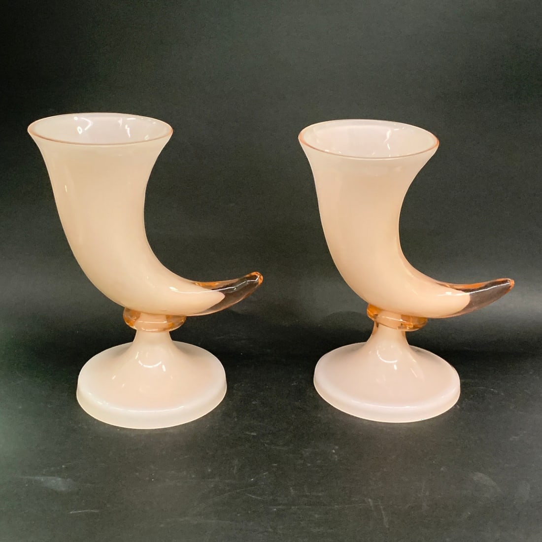 Pair Of Cambridge Glass Pink Crown Corucopia Vases: Pair Of Vintage Cambridge Glass Pink Crown Tuscan Corucopia Vases7 5/8" Tall