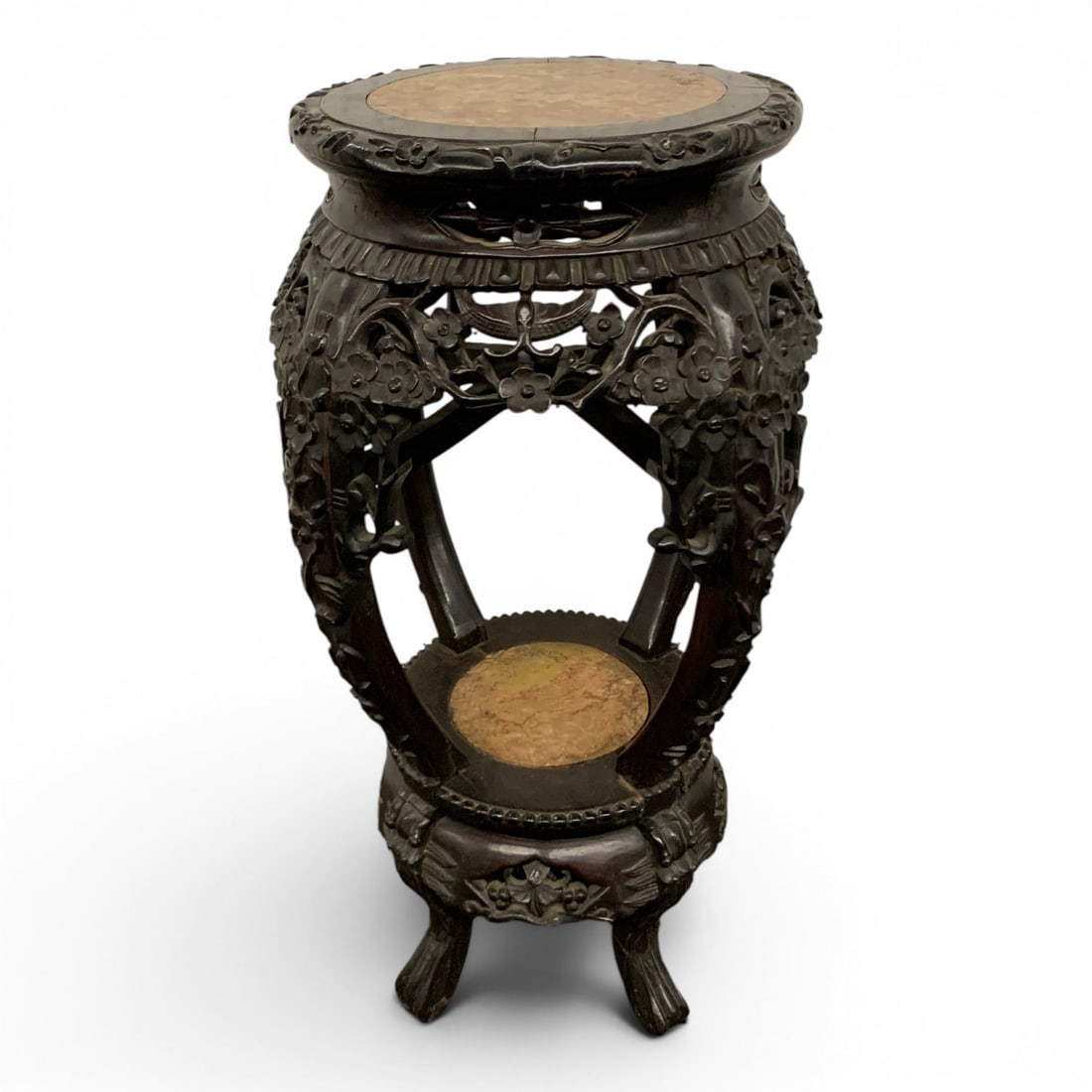 Antique Chinese Carved Rosewood Plant Stand: Antique Chinese Carved Rosewood Plant Stand Featuring A Marble Insert And Intricate Floral Motifs27 1/4" Tall