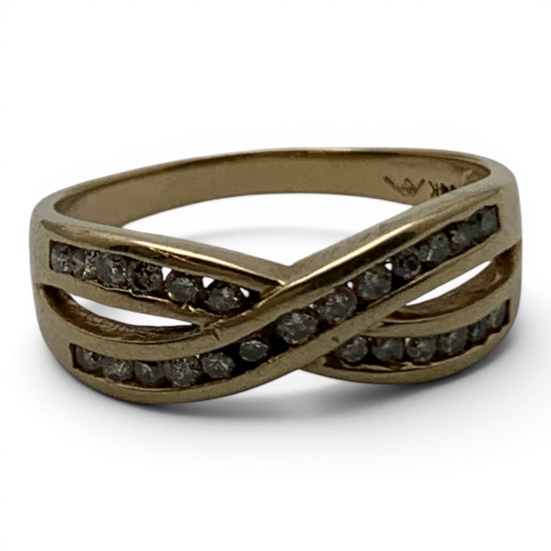 Vintage 14k Yellow Gold & Diamond Ring: Vintage 14k Yellow Gold Ring With A Criss Cross Design Featuring 25 Round Cut Earth Mined Diamonds Approx. 0.02Marked 14k - Size 10 - 2.8 DwtGemstones Tested With Presidium Gem Tester Il - Berners