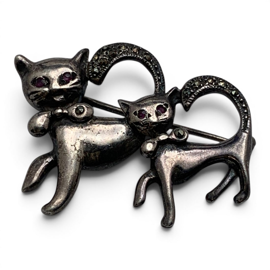 Sterling Silver Cat Pin W Rubies & Marcasite: Vintage Sterling Silver Cat Pin Featuring Ruby Eyes & Marcasite Marked: Sterling - 1 1/2" Long - 9.3 Grams