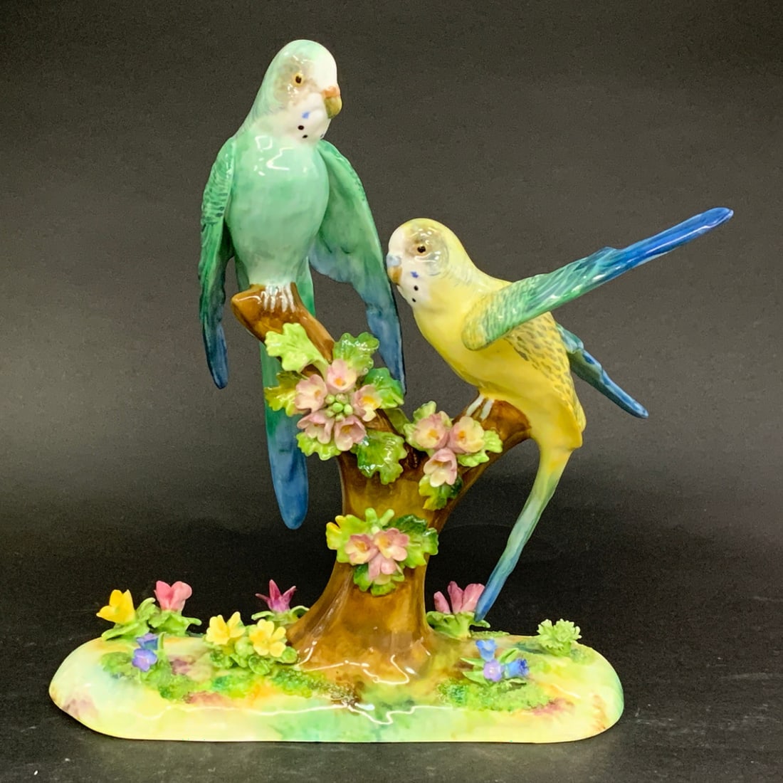 Staffordshire Fine Bone China Bird Sculpture: Staffordshire Fine Bone China Sculpture Featuring Two Birds Perched On Branches Surrounded Pink & Blue Flowers.Marked On Bottom: Staffordshire England, Fine Bone China Crown, J.t. Jones7 1/2" Long, 8 