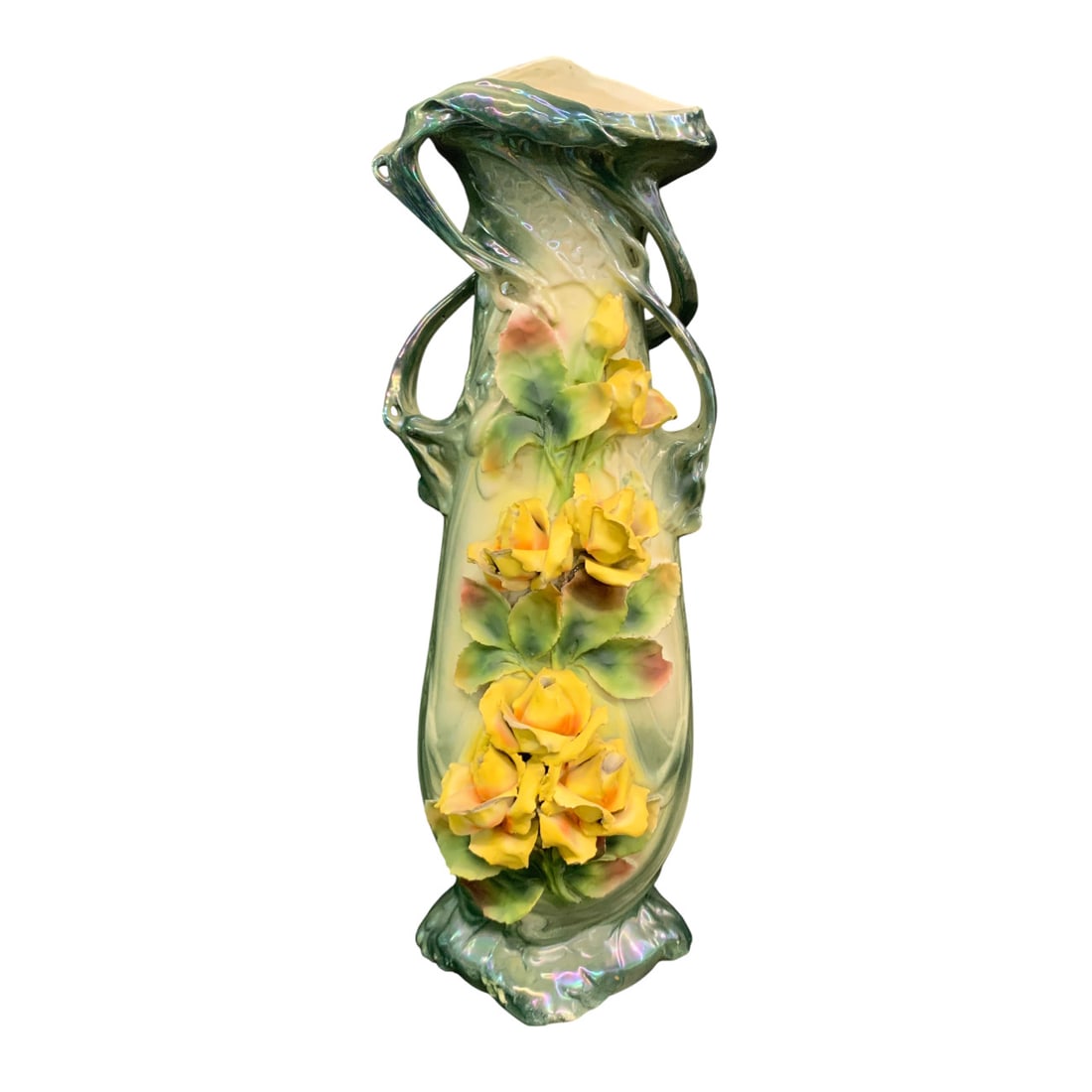 Vintage Porcelain Yellow Flower Vase: Vintage Porcelain Vase Featuring Applied Yellow Porcelain FlowersBears Mark On Bottom20 1/4" Tall