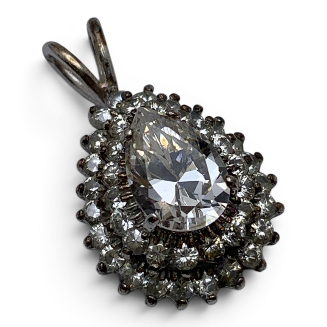 Sterling Silver & Clear Stone Tiered Pendant: Sterling Silver Pendant Featuring A Tiered Design & Clear StonesMarked: 925 - 1 1/8" Long - 7.6 Grams