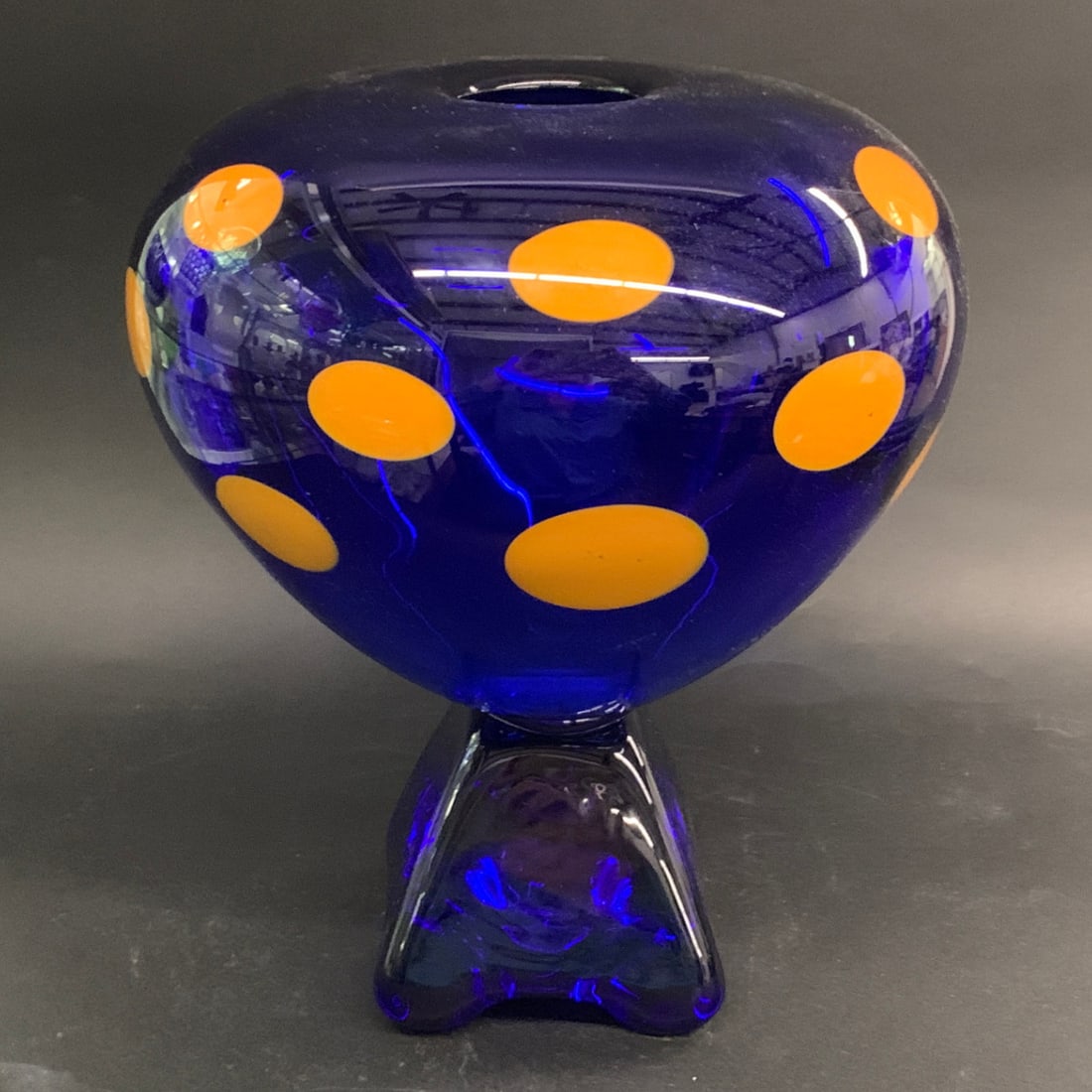 Jaroslav Svoboda Cobalt Blue & Orange Glass Vase: Cobalt Blue Glass Vase Designed By Jaroslav Svoboda For The Skrdlovice Glassworks In The Czech Republic Featuring A Bright Blue Body Adorned With Prominent Orange Polka DotsBears Sticker: Hand Made,