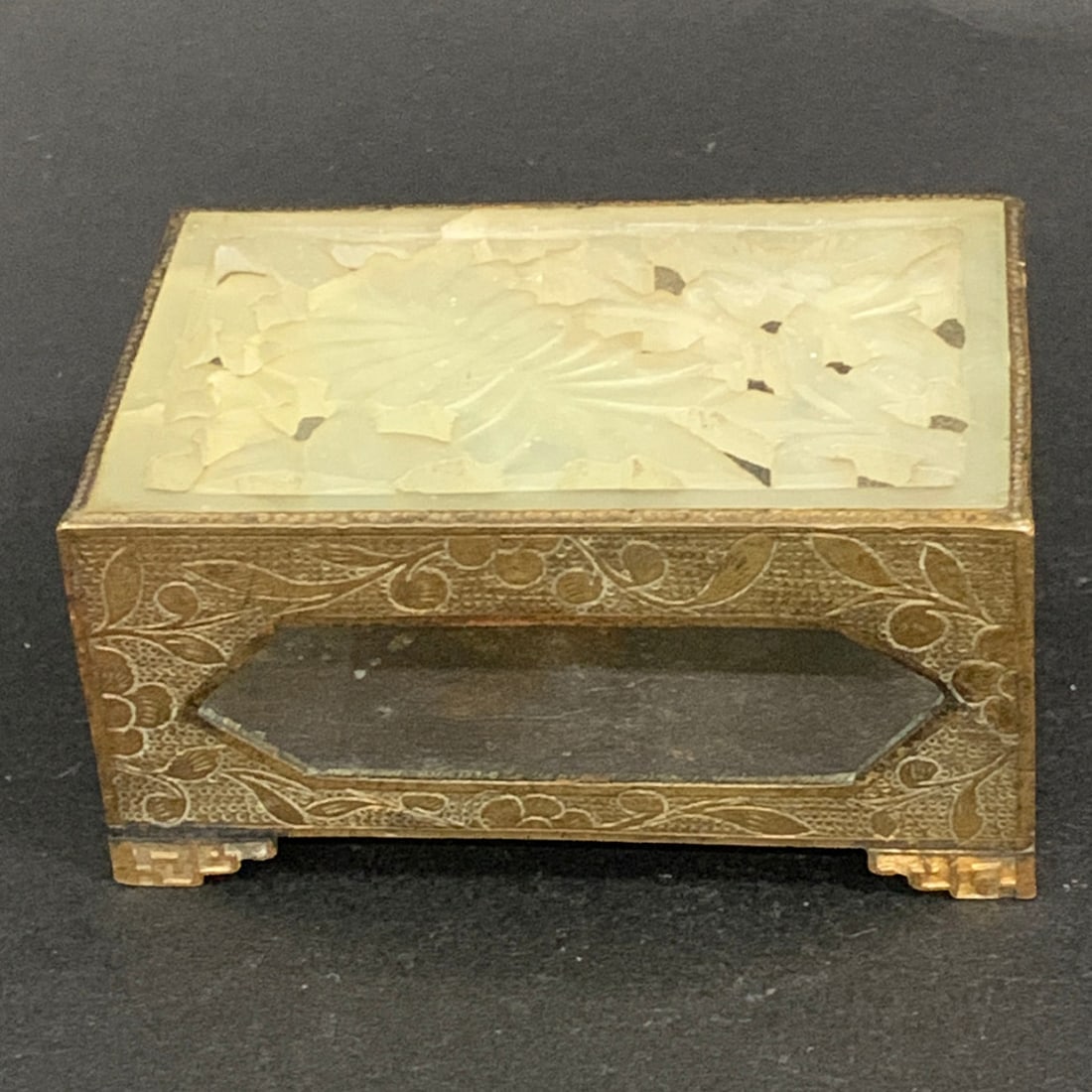 Antique Chinese Brass & Jade Matchbox Holder: Antique Chinese Brass & Carved Jade Matchbox HolderMarked On Bottom: Made In China2 1/2" Long