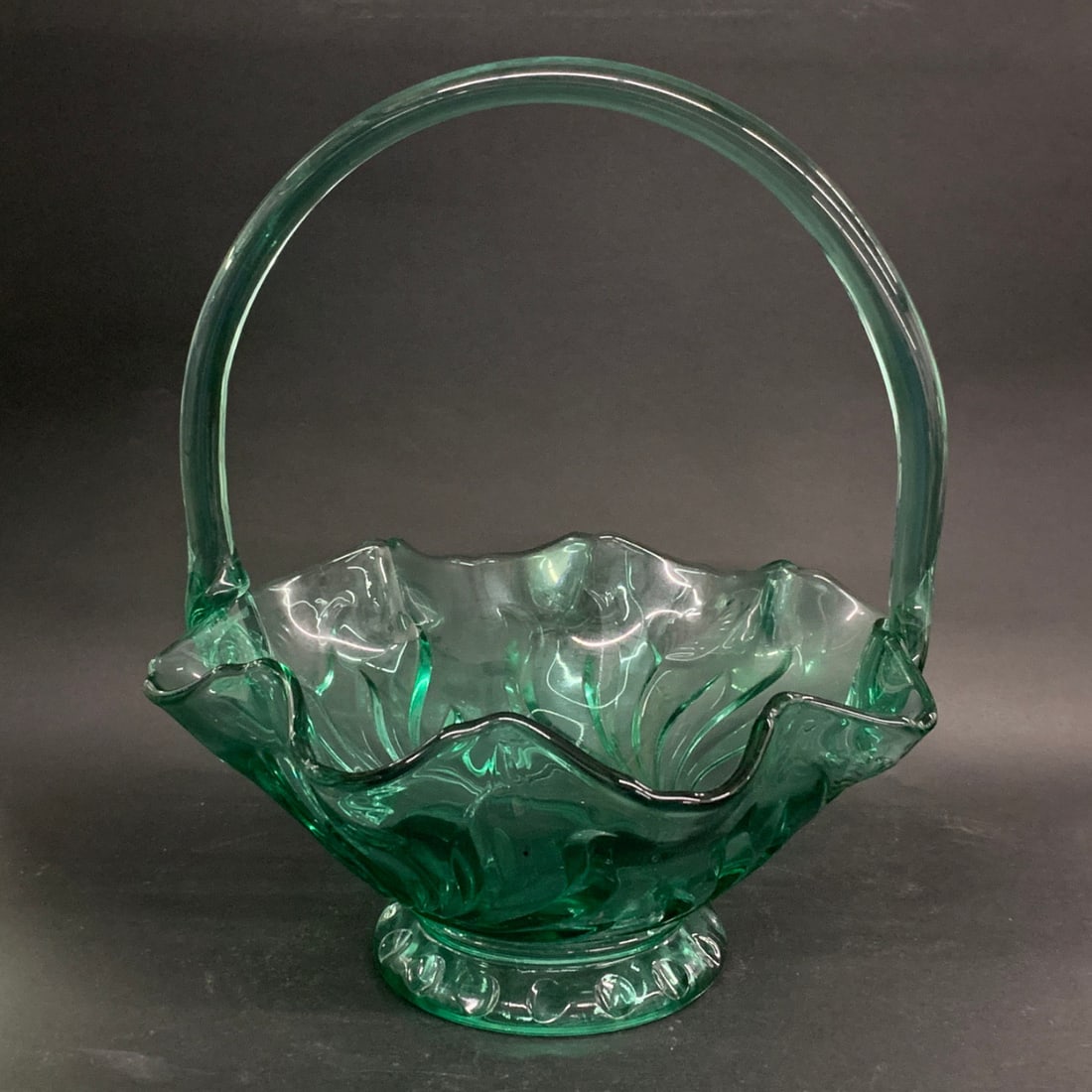 Vintage Fenton Art Glass Basket: Vintage Fenton Art Glass Basket In A Sea Green Color Featuring A Ruffled Rim13" Tall