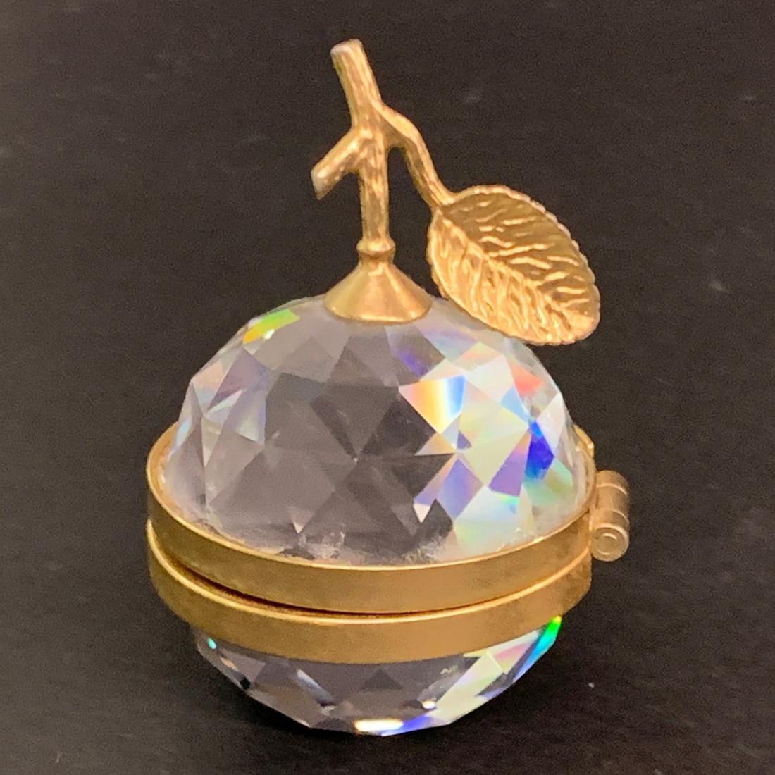 Swarovski Crystal Apple Hinged Mirror: Swarovski Crystal Apple Hinged Mirror With A Gold Tone Stem And Leaf 1 7/8" Tall