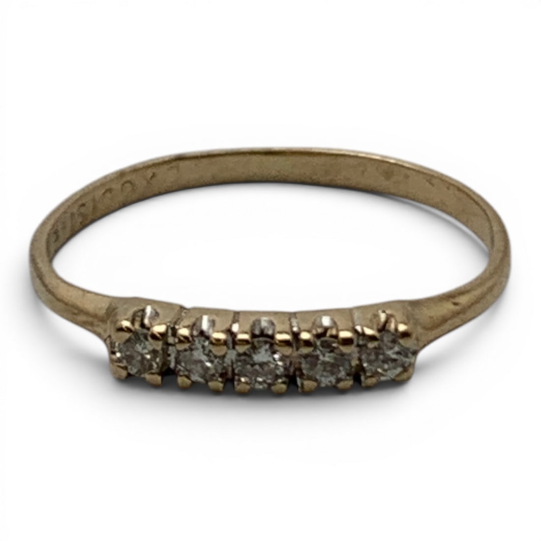 14k Yellow Gold & Diamond Band: 14k Yellow Gold Band Featuring 5 Round Cut Earth Mined Diamonds Approx. 0.03ct EachTests 14k - Size 5 - 0.6 DwtGemstones Tested With Presidium Gem Tester Il - Berners Does Not Guarantee Authenticity O