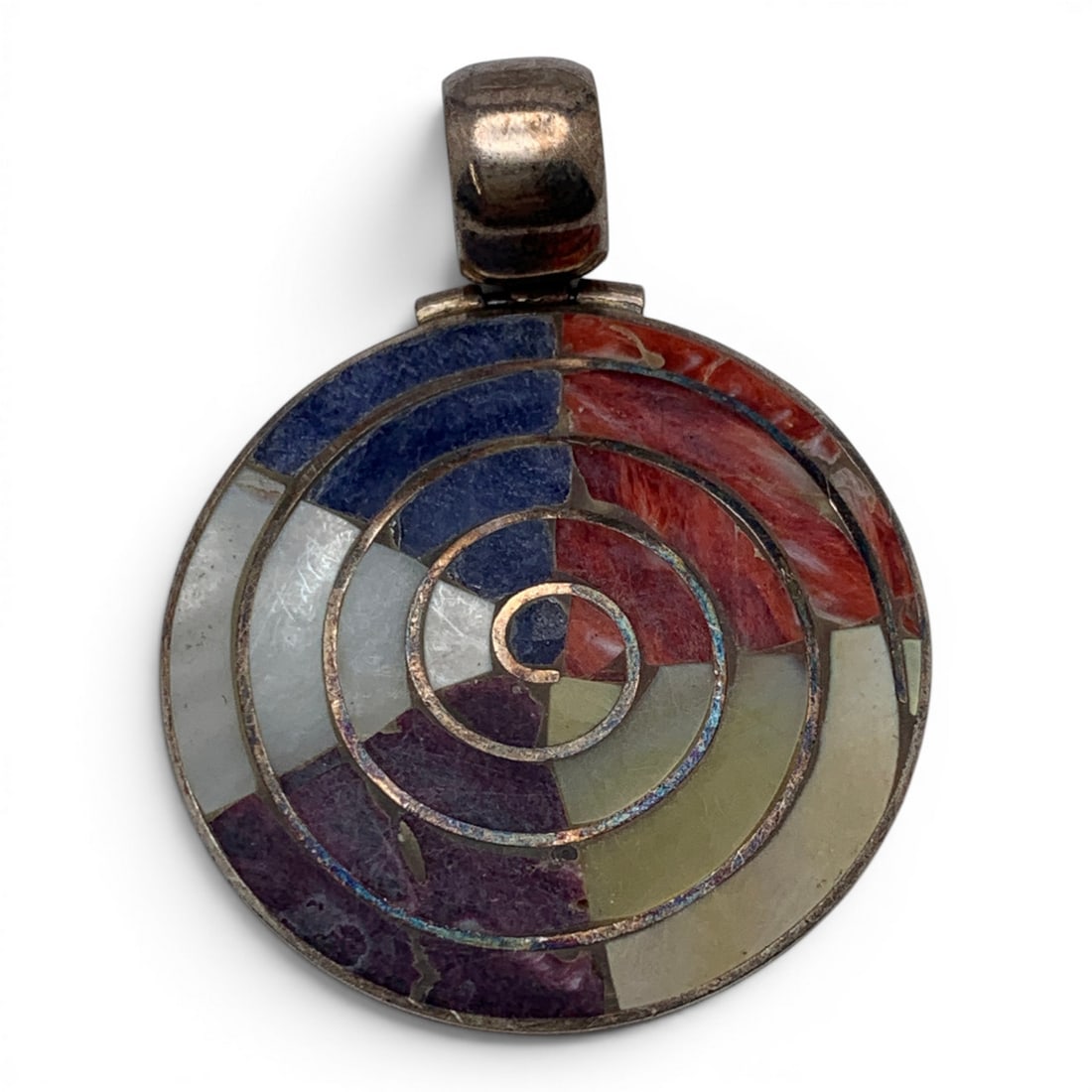 950 Silver & Inlaid Stone Pendant: 950 Silver Pendant Featuring A Circular Design & Inlaid Stones Marked: 950 - 2" Long - 12.5 Grams