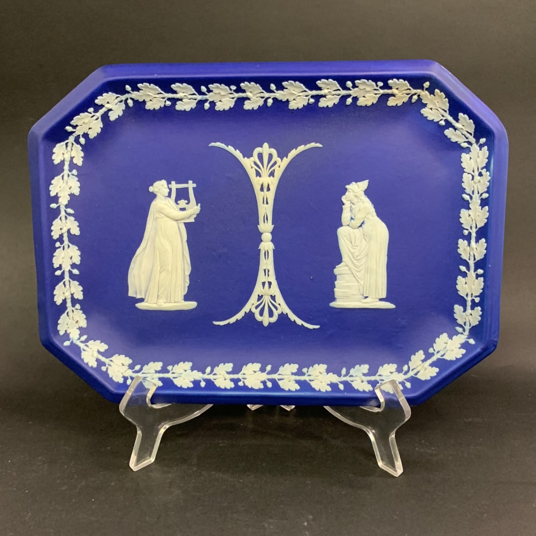 19th Century Wedgwood Jasperware Dresser Tray: 19th Century Wedgwood Dark Blue Jasperware Dresser Tray Featuring Classical White Bas Relief Figures And An Oak Leaf BoarderMarked On Back: Wedgwood, England 10 1/2" Long