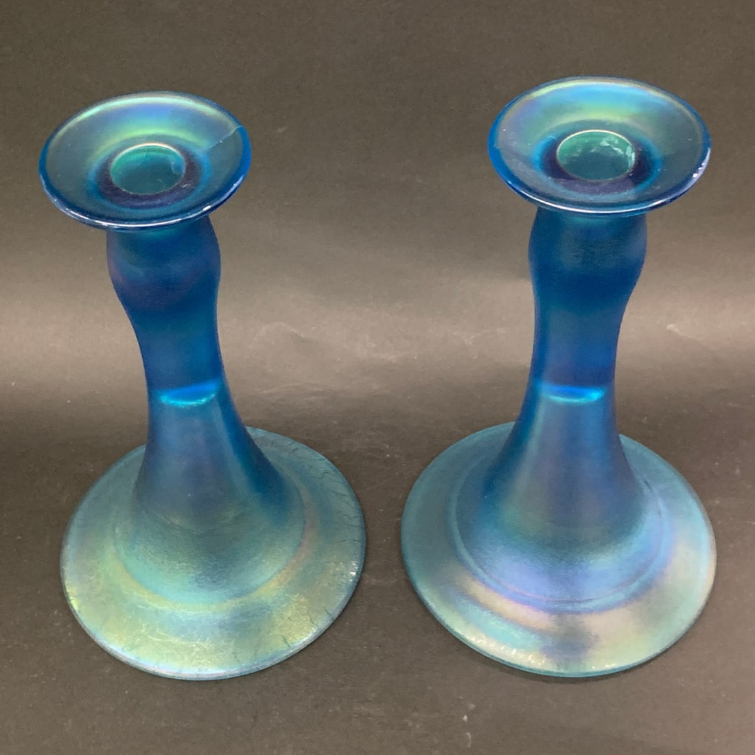 Celeste Blue Iridescent Stretch Glass Candlesticks - 2