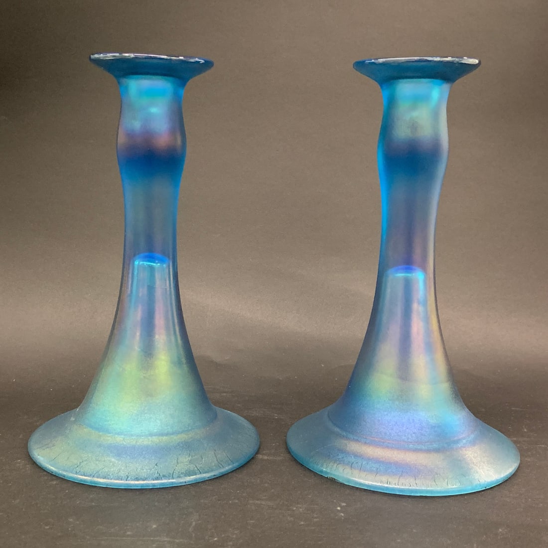 Celeste Blue Iridescent Stretch Glass Candlesticks - 3