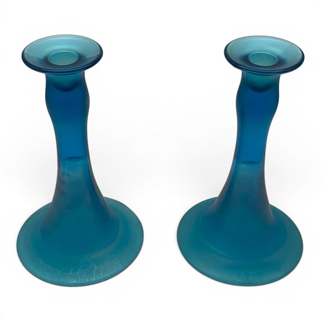 Celeste Blue Iridescent Stretch Glass Candlesticks - 6