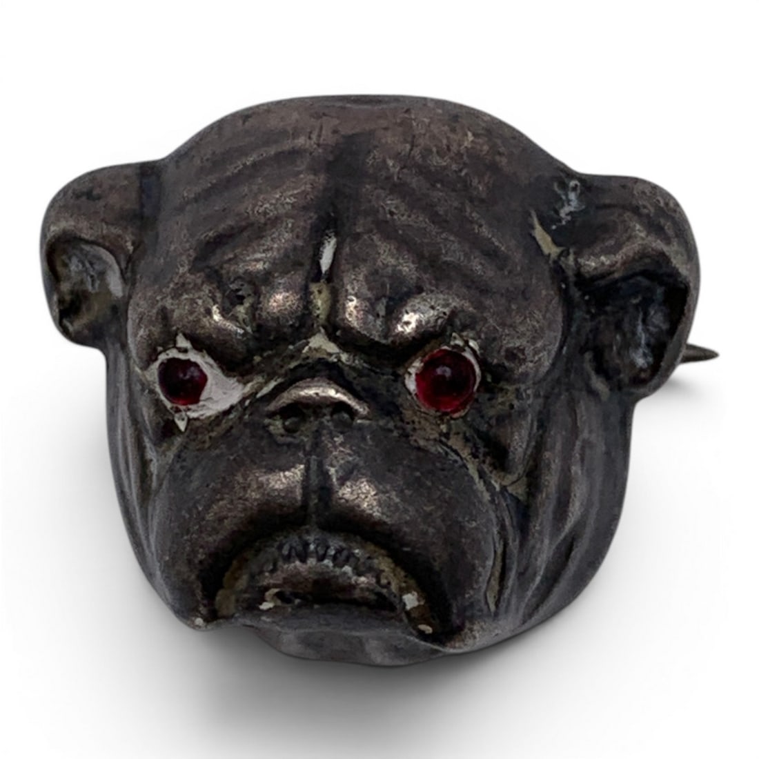Sterling Silver Bulldog Head Pin: Sterling Silver Pin Featuring A Bulldog Head Design And Pink Stones For Eyes.Marked: Sterling - 3/4" Long - 5.8 Grams
