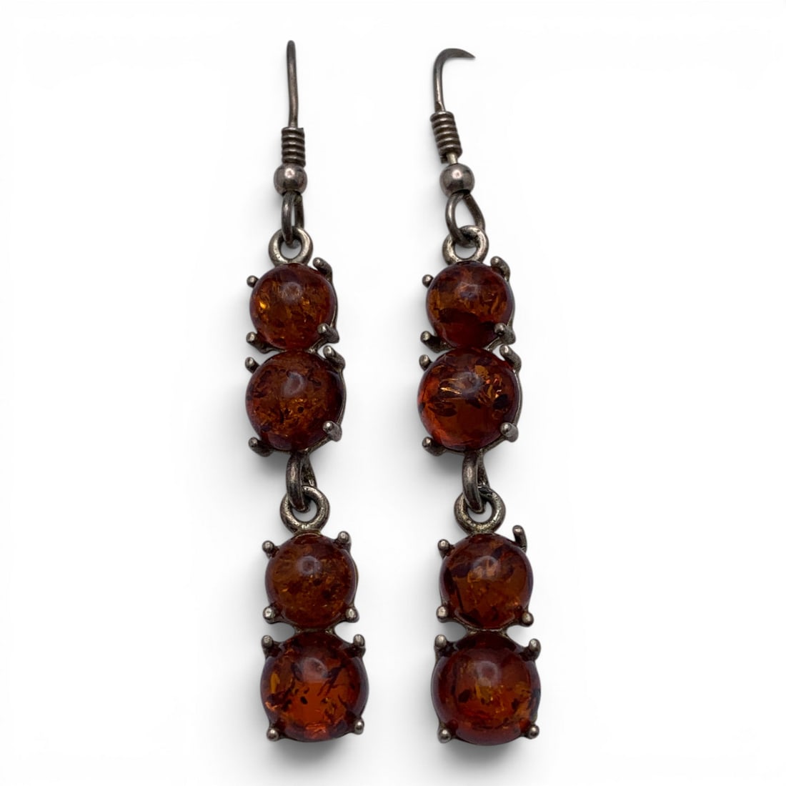 Pair Of Sterling & Amber Dangle Earrings: Sterling Silver Dangle Earrings Featuring Amber Stones Marked: 925 - 2" Long - 4.2 Grams
