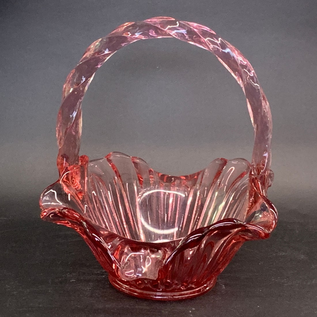 Vintage Fenton Art Glass Pink Basket: Vintage Fenton Art Glass Pink Basket Featuring A Ruffled Edge And A Twisted HandleMarked On Bottom8 1/2" Tall