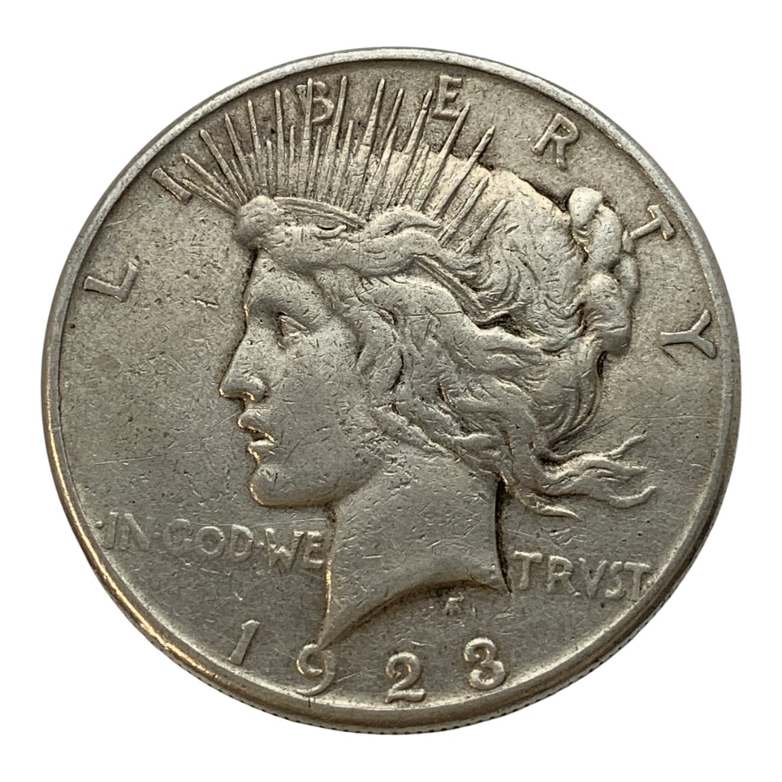 1923 S Silver Peace Dollar: 90% Silver ContentMarked On Reverse: United States Of America. One Dollar