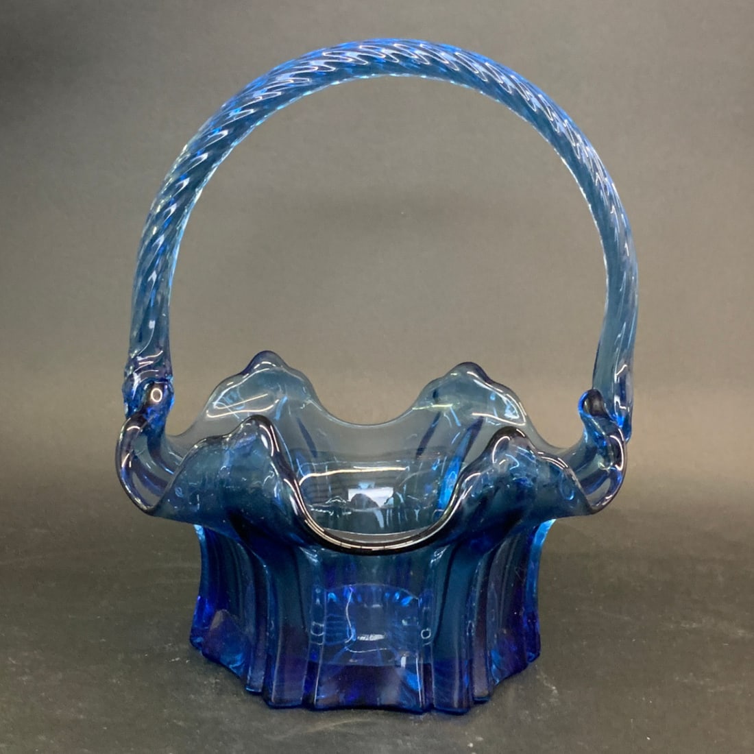 Vintage Fenton Art Glass Cobalt Blue Basket: Vintage Fenton Art Glass Cobalt Blue Basket In The "vulcan" PatternMarked On Bottom8 1/4" Tall