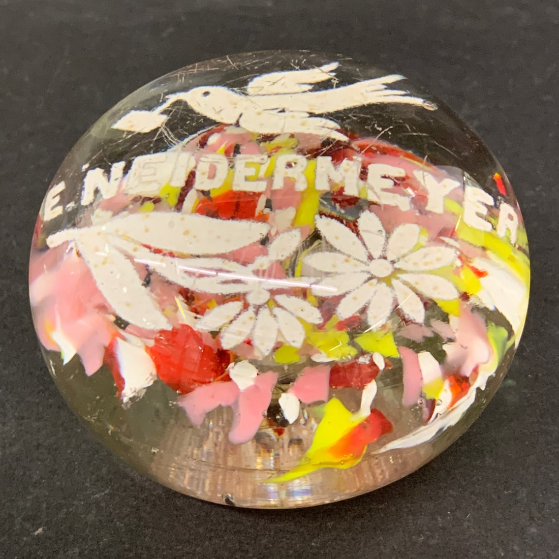Vintage E. Neidermeyer Art Glass Paperweight: Vintage E. Neidermeyer Art Glass Paperweight Featuring A Colorful Floral Design1 1/8" Tall