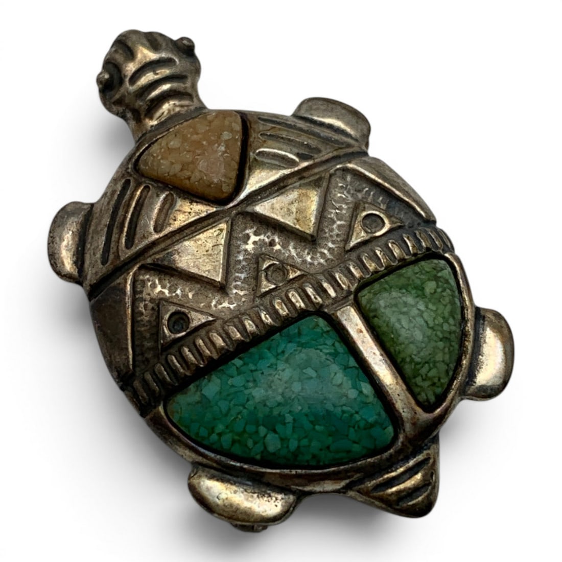 Sterling Silver Turtle Pin With Crushed Stones (1 of 4)