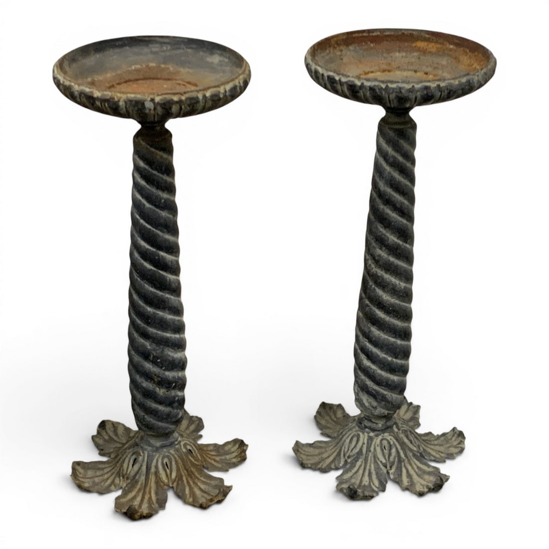 Pair Of Cast Iron Pedestal Planters: Pair Of Cast Iron Pedestal Planters Featuring A Twisted Stem And A Feaf Shaped Motif20 3/4" Tall