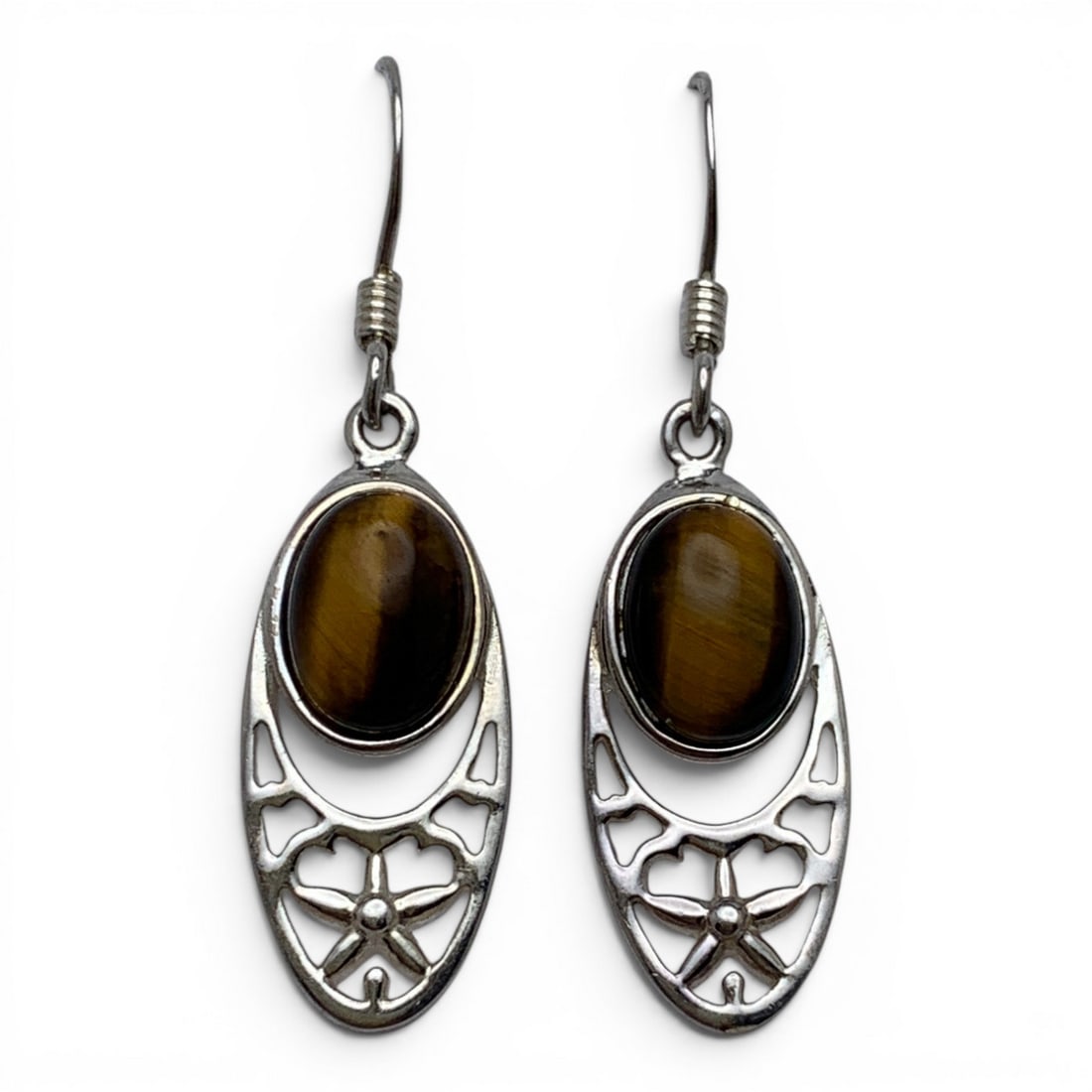 Pair Of Sterling Silver & Tiger's Eye Earrings: Sterling Silver Earrings Featuring An Open Work Design And A Tiger's Eye CabochonMarked: 925 - 1 1/4" Long - 2.5 Grams