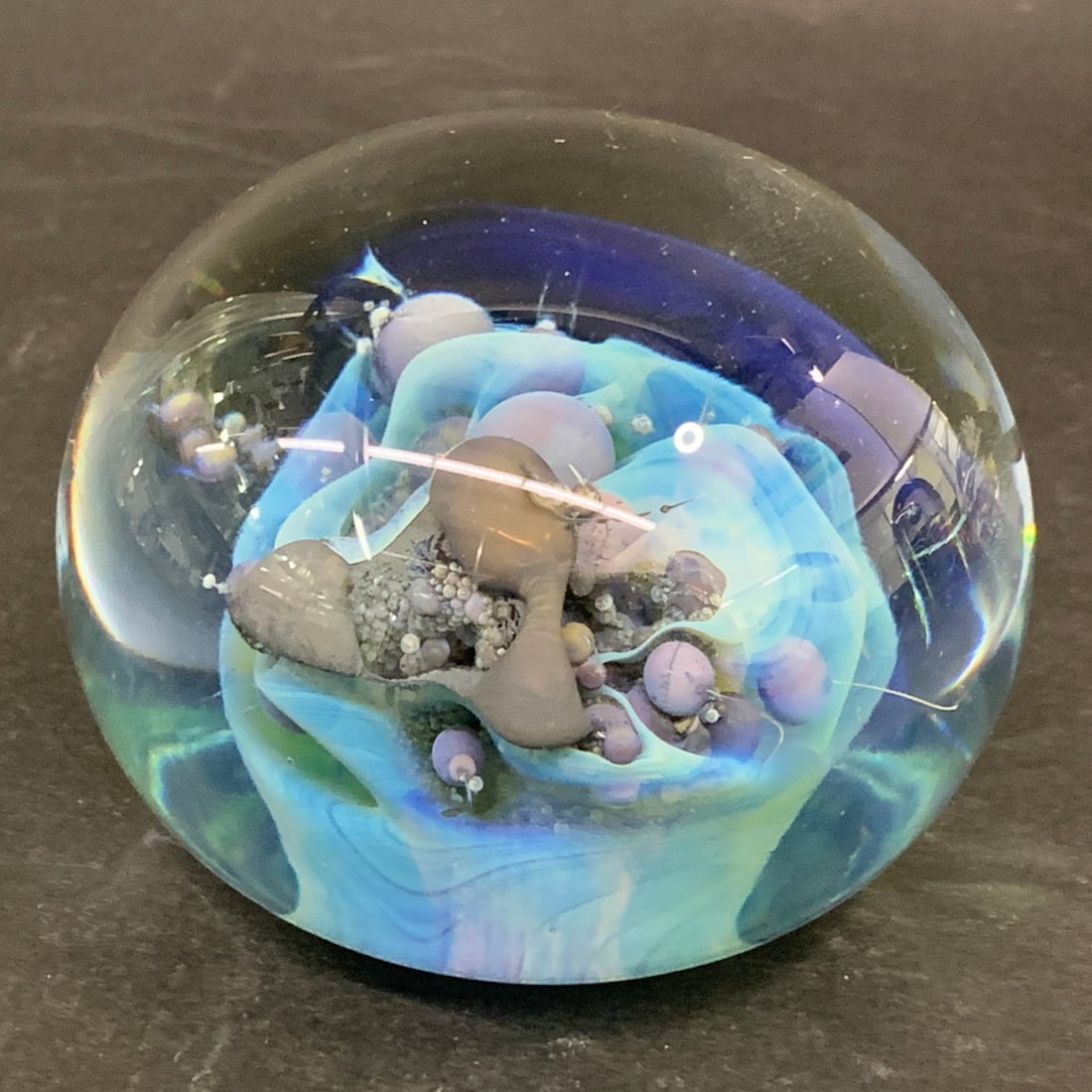 Vintage Yellow & Blue Art Glass Paperweight: Vintage Art Glass Paperweight Featuring Blue And Yellow Swirls With Internal Bubble Details2 1/4" Tall