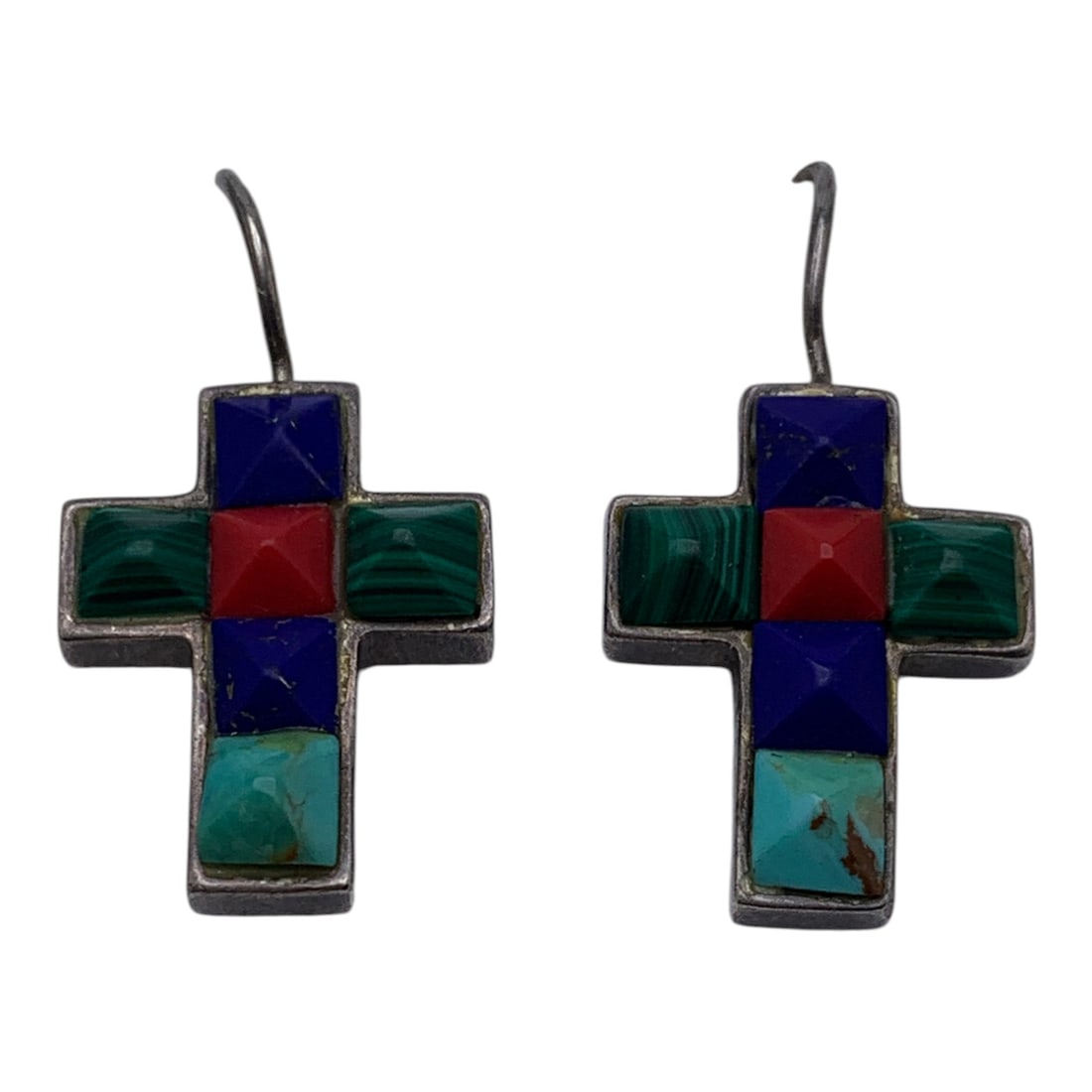 Pair Of Sterling & Precious Stone Cross Earrings: Sterling Silver Cross Earrings Featuring Turquoise, Blue Lapis, Red Coral & Malachite StonesMarked: 925 - 1 1/4" Long - 7.3 Grams