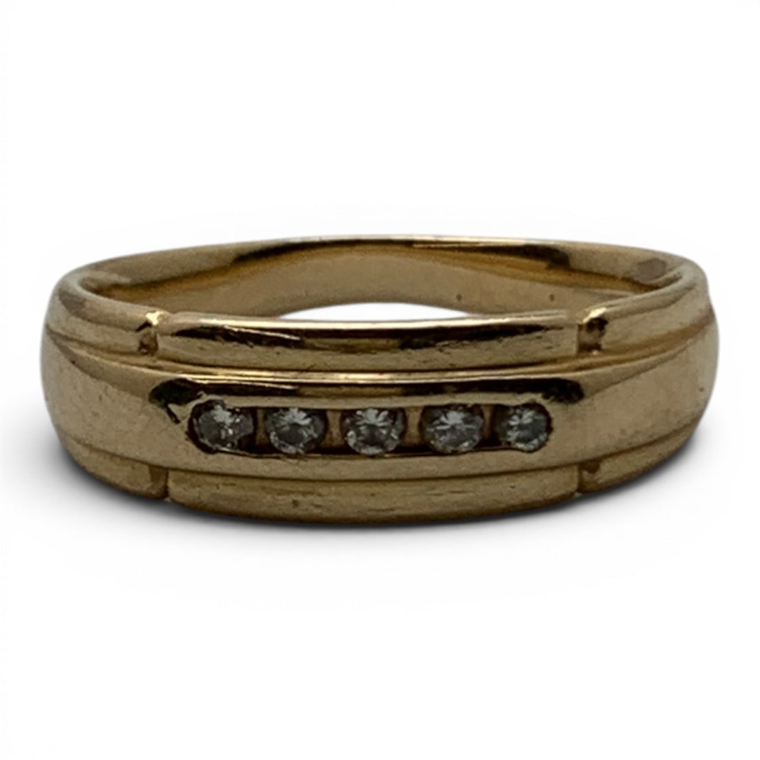 Vintage 14k Yellow Gold & Diamond Ring: Vintage 14k Yellow Gold Ring Featuring 5 Channel Set Round Cut Earth Mined Diamonds Approx. 0.03ct EachMarked 14k - Size 9 - 4.2 DwtGemstones Tested With Presidium Gem Tester Il - Berners Does Not Gua
