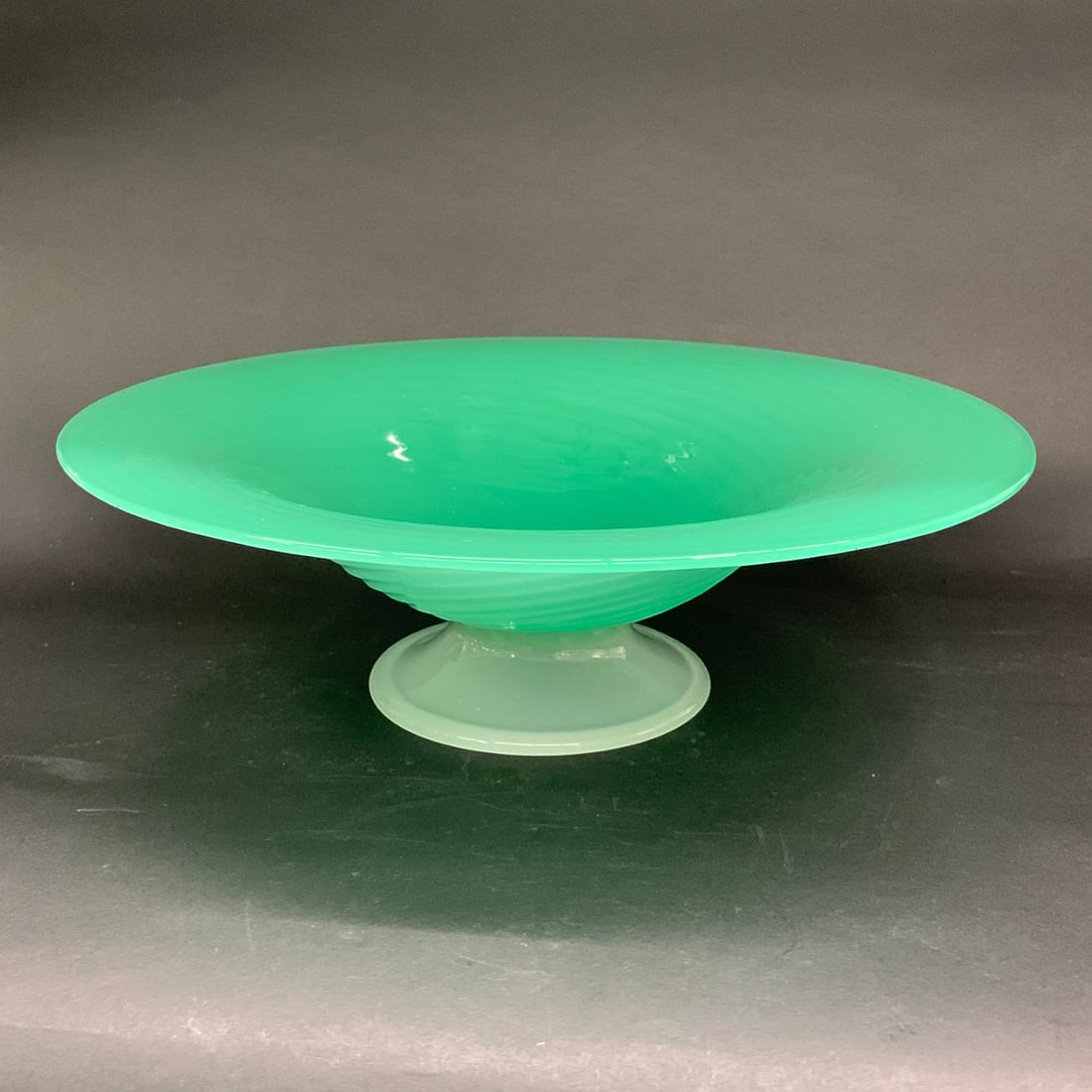 Large Vintage Green Art Glass Footed Bowl: Large Vintage Green Art Glass Footed Bowl Featuring An Applied Glass Footing3 1/2" Tall, 11 3/8" Diameter