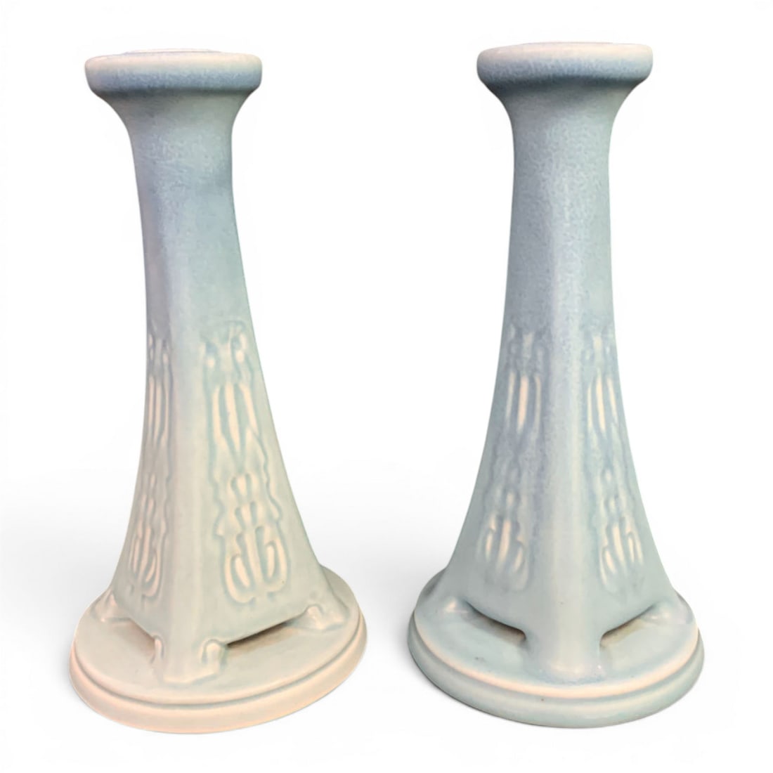 Pair Of Vintage Rookwood Blue Candle Holders: Pair Of Vintage Rookwood Blue Candle HoldersBears Mark On Bottom: Xix, 16379 1/8" Tall