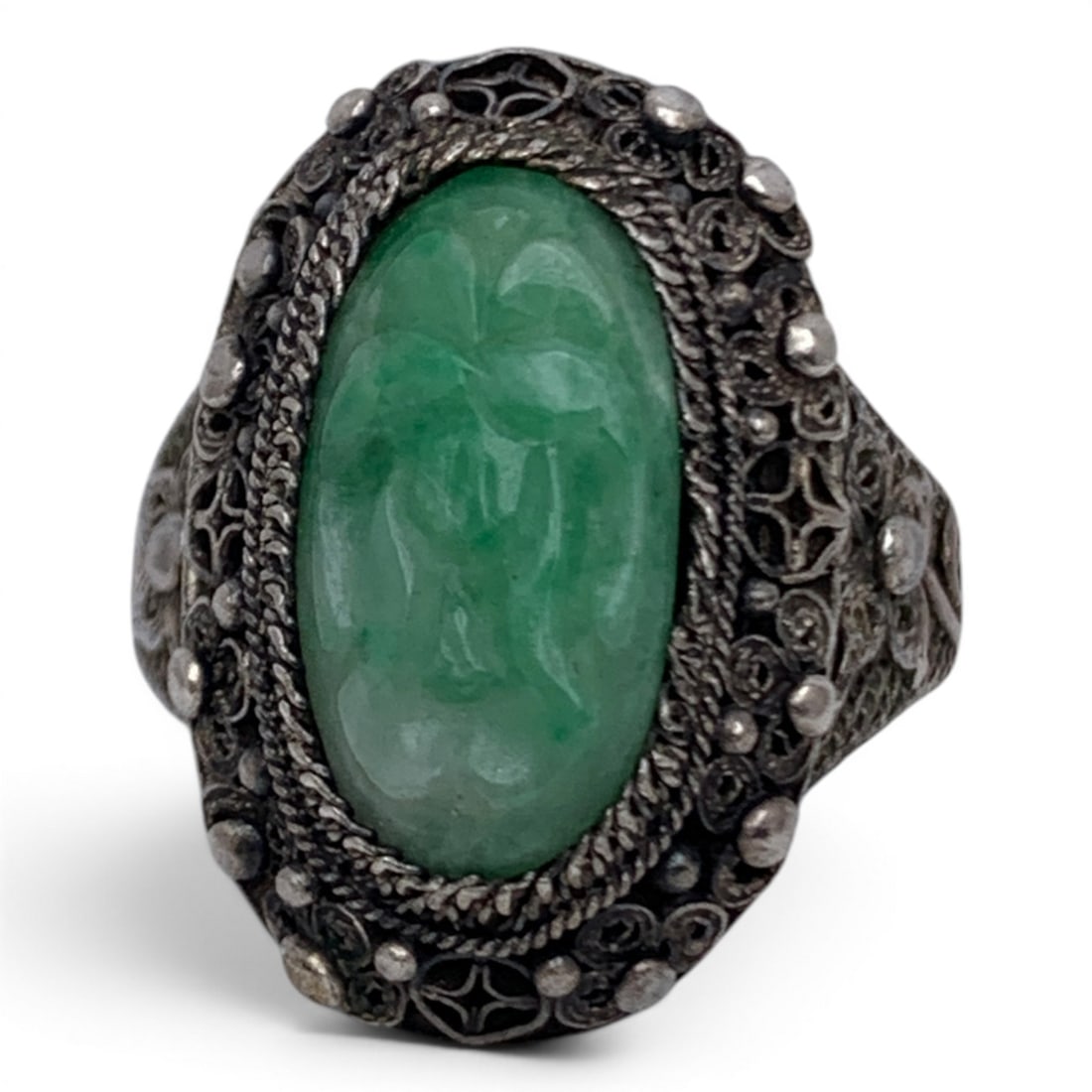 Vintage Silver & Carved Jade Cameo Ring: Vintage Silver Ring With An Intricate Filigree Design & A Carved Jade Cameo Marked: Silver - Size 9.5 - 7.6 Grams