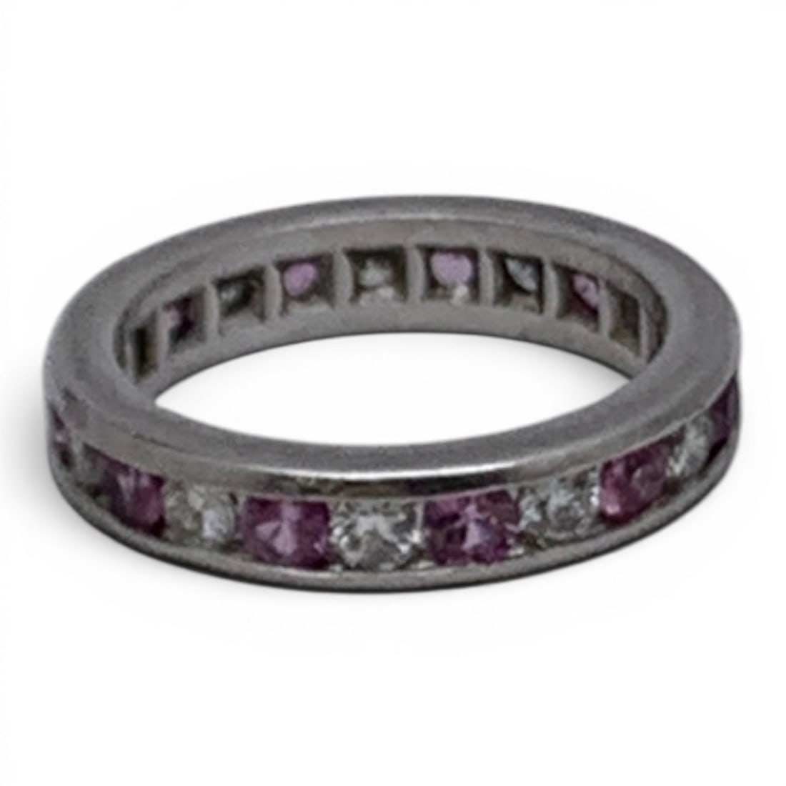 Platinum Pink Topaz & Diamond Ring: Platinum Ring Featuring Round Cut Channel Set Pink Topaz Gemstones & Round Cut Channel Set DiamondsTests Platinum - Size 4.25 - 3.2 DwtGemstones Tested With Presidium Gem Tester Il - Berners Does Not