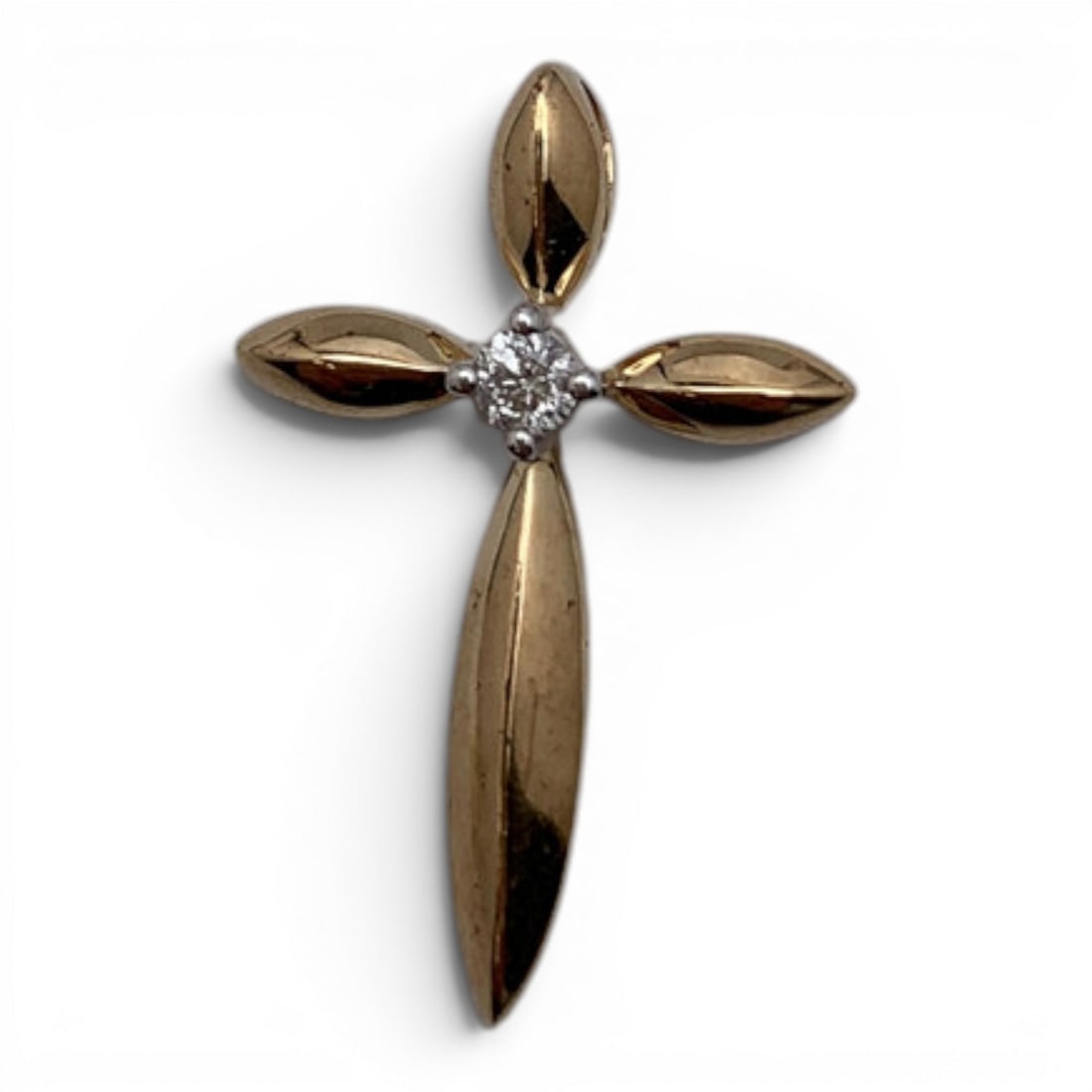 10k Yellow Gold & Diamond Cross Pendant: 10k Yellow Gold Cross Pendant Featuring A Round Cut White Sapphire GemstoneMarked: 10k - 7/8" Long - 0.7 Dwt