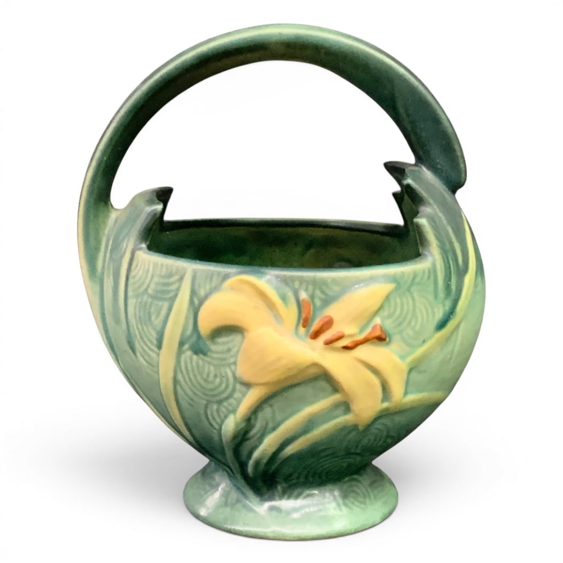 Roseville Pottery Zephyr Lily Green Handled Basket (1 of 5)