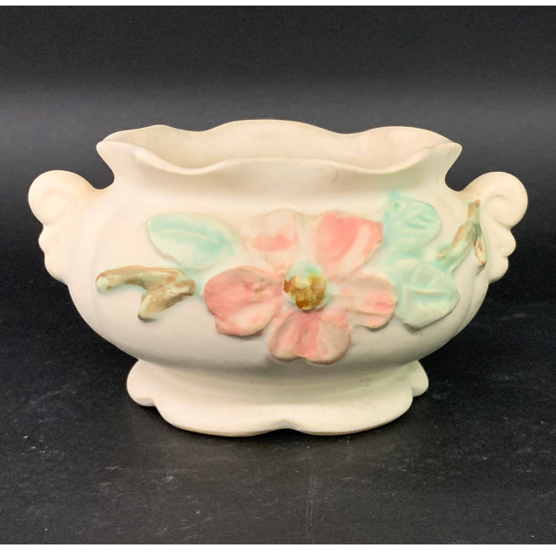 Vintage Weller Dogwood Pottery Jardiniere: Vintage Hull Pottery Dogwood Pattern Jardiniere Featuring A Scalloped Rim, Two Handles, And A Raised Pink And Blue Floral Design Marked On Bottom: Weller2 3/4" Tall