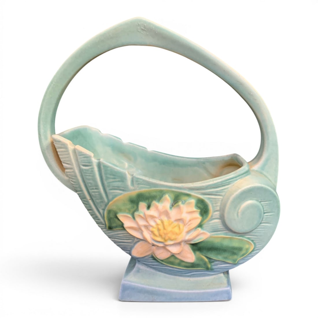 Vintage Roseville Water Lily Pottery Basket: Vintage Roseville Water Lily Pottery Basket In A Blue Green ColorwayMarked On Bottom: Roseville Usa, 381-1010 1/2" Tall