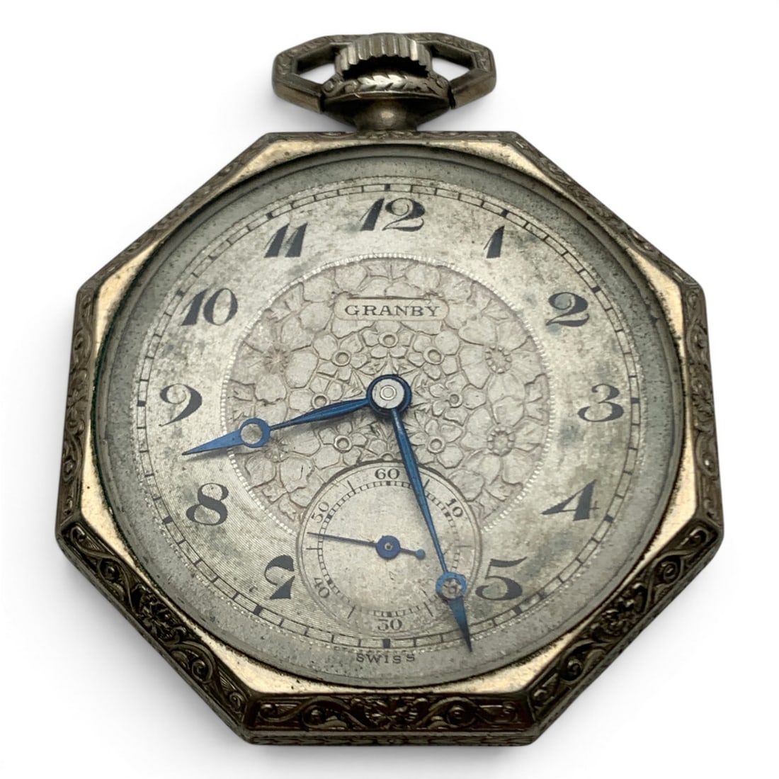 Vintage Granby 14k White Gold Filled Pocket Watch: Vintage Granby 14k White Gold Filled Pocket WatchMarked On Face: Granby, SwissMarked On Back: Umpire, W. C. Co., 14 Karat Gold Filled, 3836674Marked On Movement: Swiss, 16 Jewels, 2 1/8" Long - 61.2