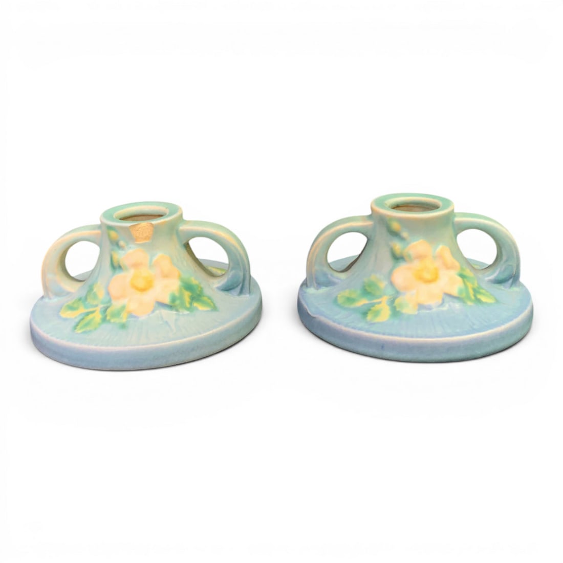 Pair Of Roseville Blue Clematis Candle Holders (1 of 7)