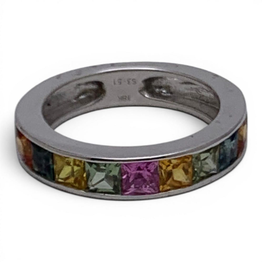 18k Yellow Gold & Colored Topaz Ring: 18k White Gold Ring Featuring 11 Princess Cut Channel Set Topaz Gemstones Marked: 18k - Size 7.5 - 3.8 DwtGemstones Tested With Presidium Gem Tester Il - Berners Does Not Guarantee Authenticity Of