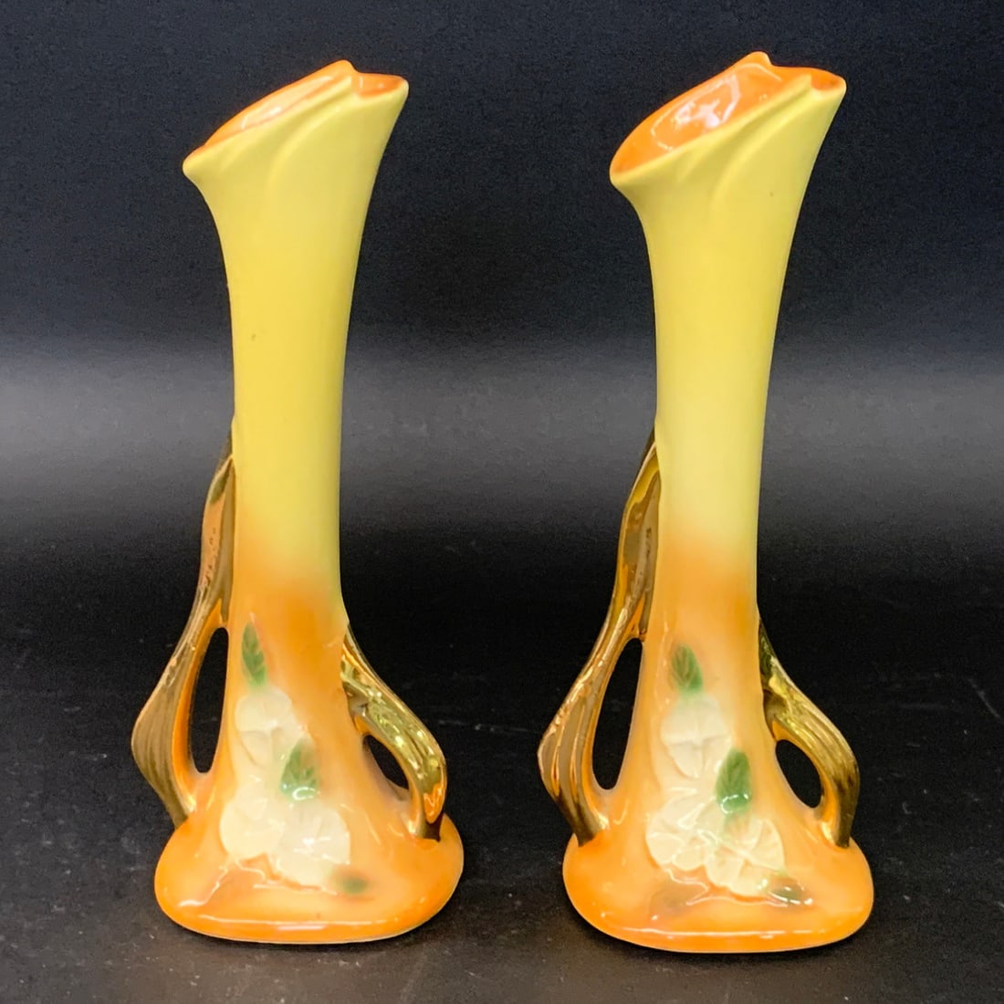 Pair Of Roseville Yellow Floral Vases: Pair Of Roseville Pottery Vases In A Yellow Glaze And White Floral Designs Marked On Bottom: Roseville Ohio7 5/8" Tall