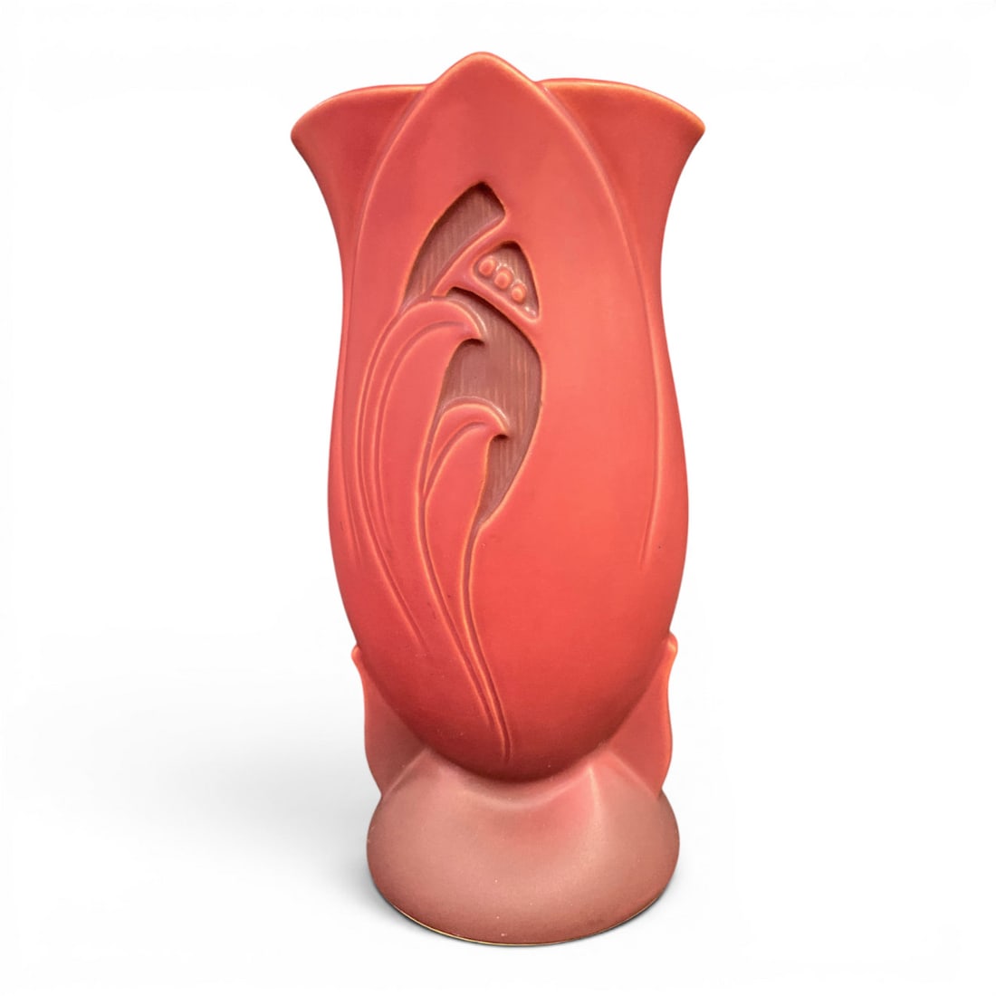Vintage Roseville Silhouette Pottery Vase: Vintage Roseville Silhouette Pottery Vase Featuring A Matte Cranberry Glaze And A Leaf Design Marked On Bottom: Roseville Usa, 785-99 3/8" Tall