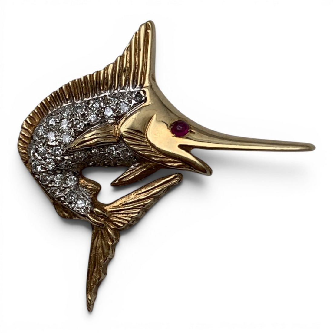14k Yellow Gold Diamond & Ruby Marlin Pendant - 7