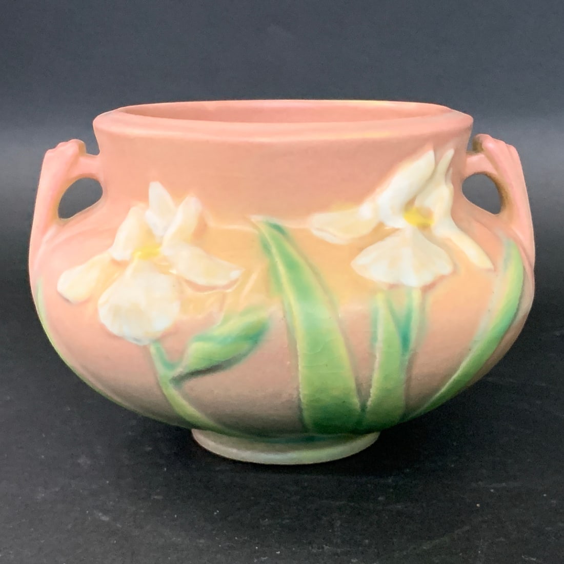 Vintage 1939 Roseville Iris Pottery Planter: Vintage 1939 Roseville Pottery Iris Pattern Jardiniere Planter In A Rose Pink ColorMarked On Bottom: Roseville Usa, 647-33 1/2" Tall