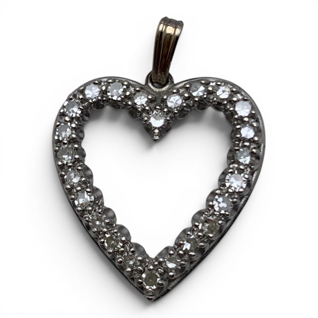 14k White Gold & Diamond Heart Pendant: 14k White Gold Pendant With A Heart Design Featuring 24 Round Cut Diamonds Approx. 0.05ct EachTests 14k - 1 1/8" Long - 2.3 DwtGemstones Tested With Presidium Gem Tester Il - Berners Does Not