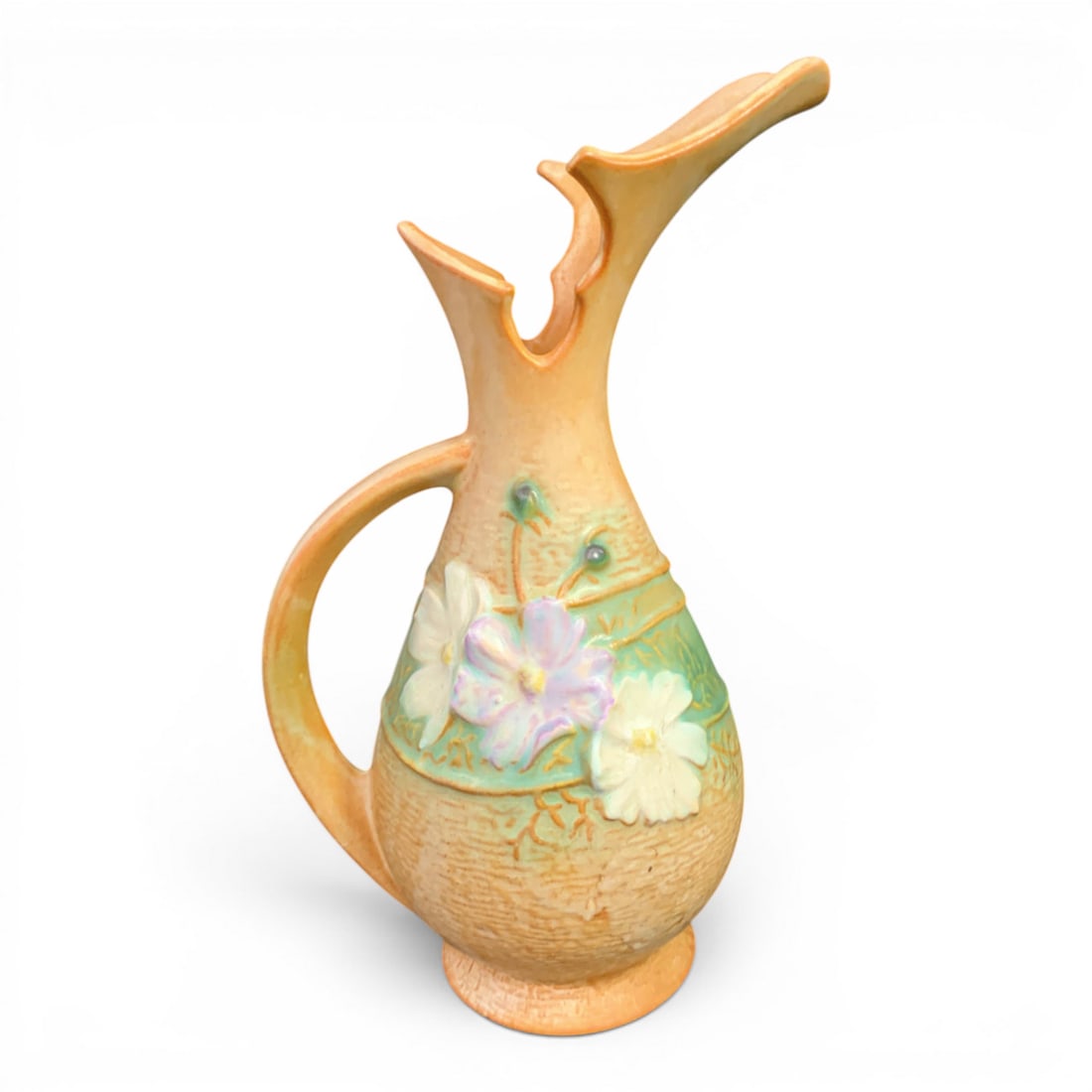 Vintage Roseville Cosmos Pottery Ewer: Vintage Roseville Cosmos Pottery Ewer With A Floral Design On A Tan BackgroundMarked On Bottom: Roseville, 955-1010 3/8" Tall