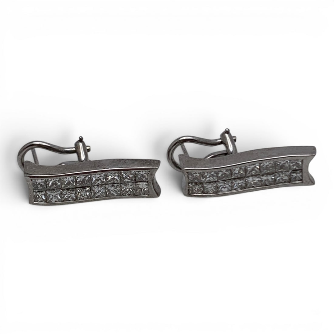 Pair Of 18k White Gold & Diamond Earrings: Pair Of 18k White Gold Earrings Featuring 16 Princess Cut Diamonds Each Approx. 0.12ct EachMarked: 750 - 1" Long - 5.9 DwtGemstones Tested With Presidium Gem Tester Il - Berners Does Not Guarantee